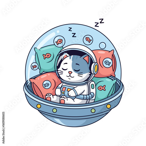 Astronaut cat peacefully sleeping inside a space pod