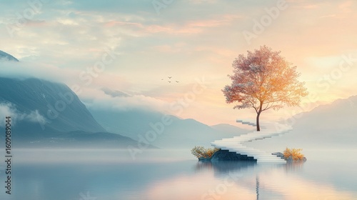 Serene reflection of a tree on water enchanted landscape digital art peaceful environment dreamy viewpoint nature's beauty