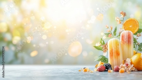 Refreshing summer treats colorful popsicles with fresh fruits outdoor garden setting food photography bright and inviting atmosphere