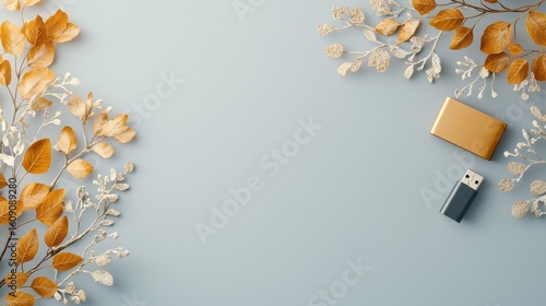 Elegant autumn decor with usb and power bank minimalist background flat lay arrangement calm atmosphere creative perspective
