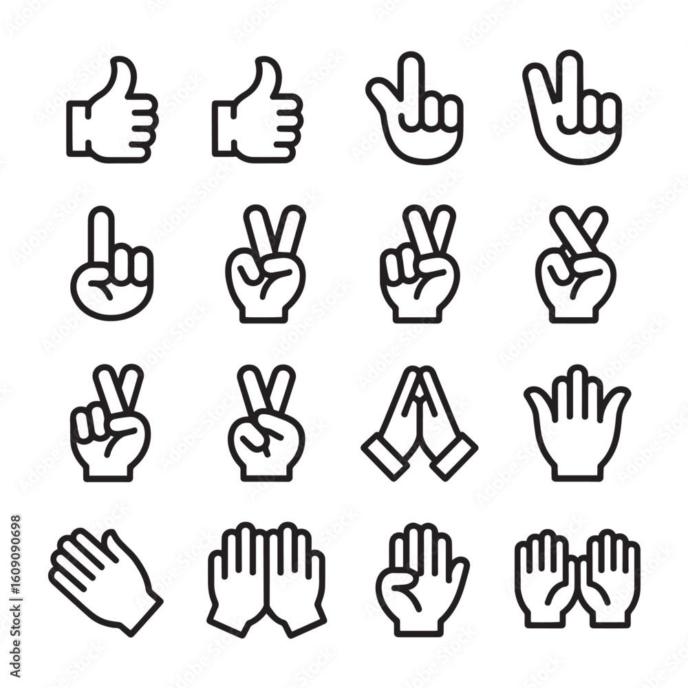 Fototapeta premium Vector art of an extensive array of hand gestures and signs, including thumbs up, pointing, peace, rock on, and praying hands