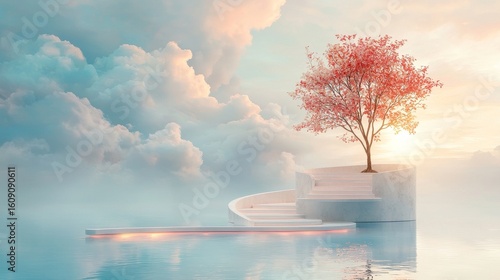 Serene cherry blossom tree tranquil water setting digital art ethereal atmosphere dreamy perspective