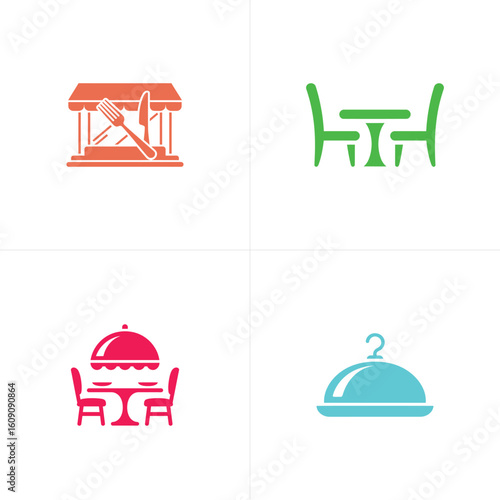Four Restaurant Icons Shopfront, Table with Chairs, Dish Cloche, Minimalist Restaurant