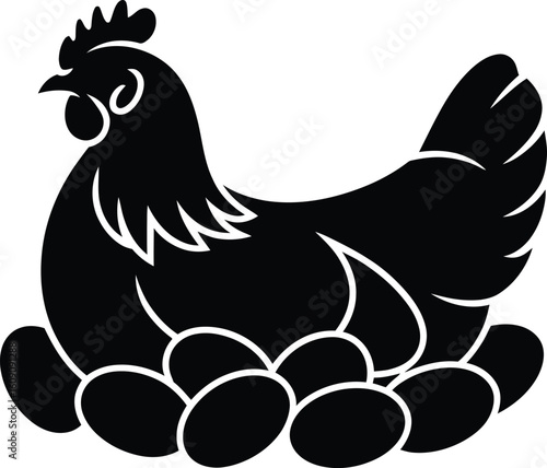 Hen Sitting on Eggs Icon – Chicken Nesting Farm Silhouette Vector