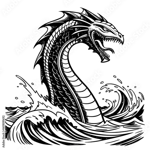 Vintage woodcut style illustration of a mythological sea serpent.
