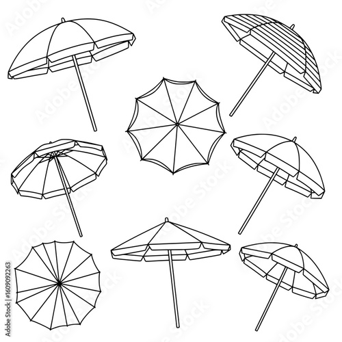 A vector illustration features a diverse collection of eight black and white outline drawings of beach umbrellas from various angles and perspectives, including top-down.