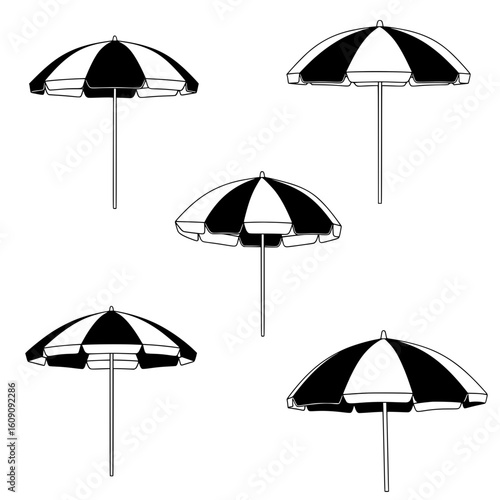 A vector illustration showcases five identical black and white striped beach umbrellas, presented from slightly different angles against a white background.