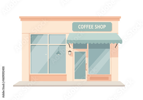 A simple  illustrated coffee shop facade with a teal awning  inviting entrance  and large windows.