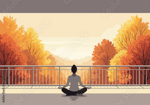 Silhouette of a woman in lotus position meditating on a balcony overlooking a vibrant autumn landscape with colorful trees and distant mountains.