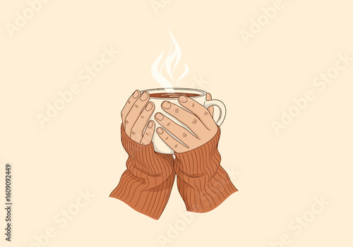 Hands wearing a sweater holding a steaming mug of hot beverage against a light background.