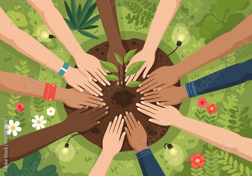 Diverse hands circle a young plant, nurturing growth together in a community garden.