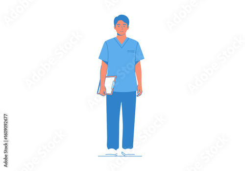 Full shot of a person in a light blue scrubs uniform, holding a clipboard.