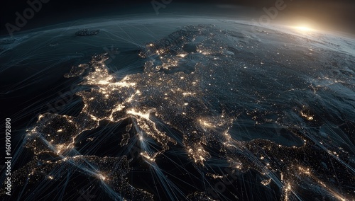 European continent at night, illuminated city lights, networked lines