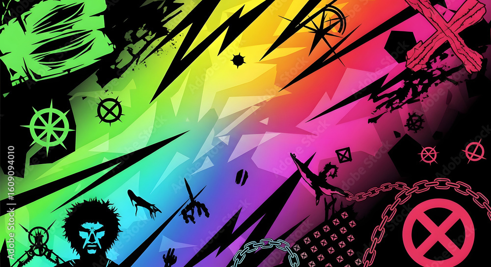 Fototapeta premium Colorful gradient background with hard shapes, punk design