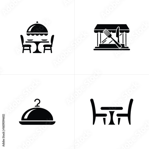 Restaurant Dining Icons Covered Dishes, Table Setting, Fork and Knife, Table for Two