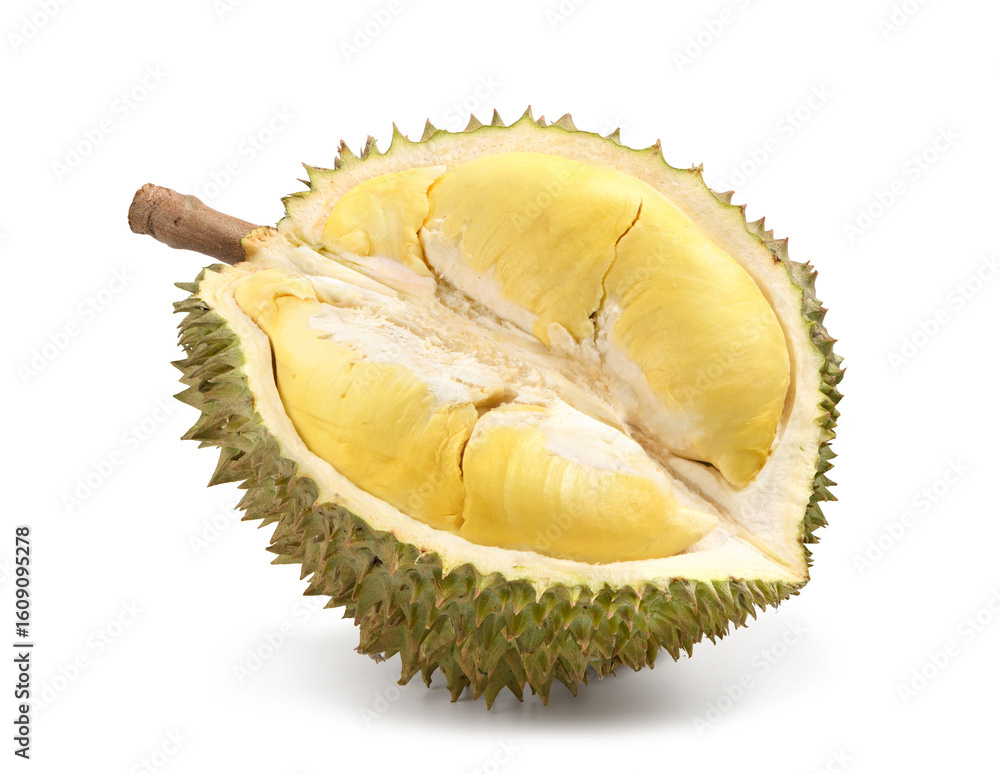 Fototapeta premium Durian half slice isolated on white.