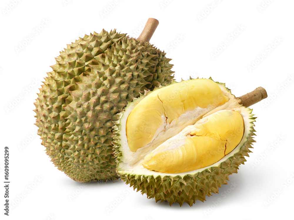 Obraz premium Durian with half slice isolated on white .