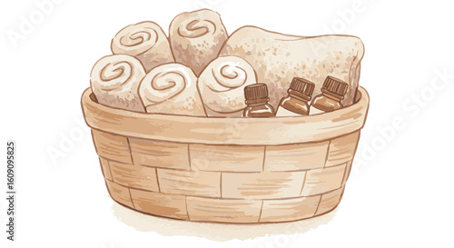 A spa basket with rolled towels and aromatherapy bottles.
