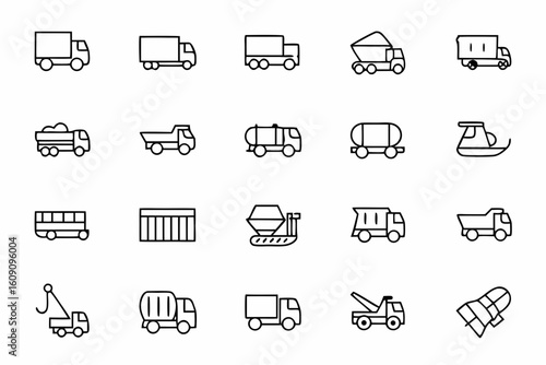 A rugged and industrial icon set featuring commercial and cargo vehicles. Great for logistics, delivery services, freight businesses, and fleet management software