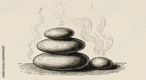 A stack of hot stones emanating steam, evoking a sense of calm and wellness.