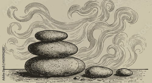 A stack of balanced stones with an artistic water-like background, suggesting tranquility and mindfulness.