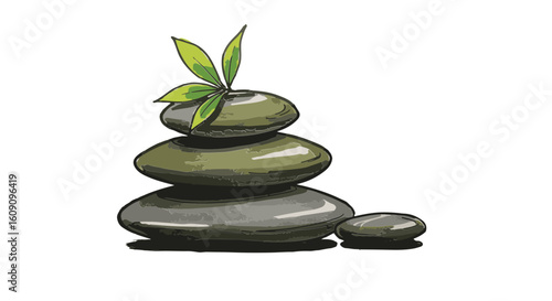 Zen stones stacked with a green leaf on top, representing balance and harmony.