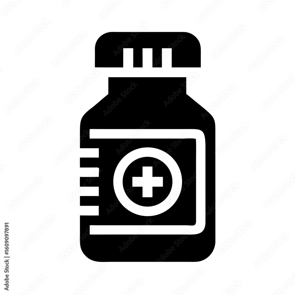 Medicine bottle icon in black silhouette on white background Medicine bottle icon in black silhouette on white background
