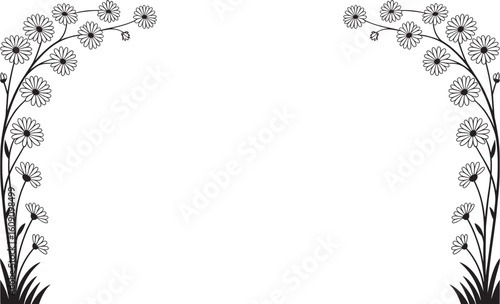 Black and white floral border with daisy like flowers and grass vector