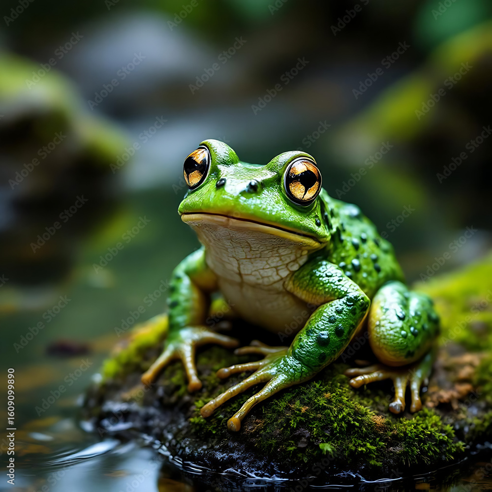 Fototapeta premium Amphibian in Detail. Green Toad on a Rock. Forest Toad by the Pond. Wise Look of a Toad