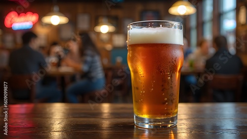 A refreshing pint of beer sits on a wooden table in a lively pub