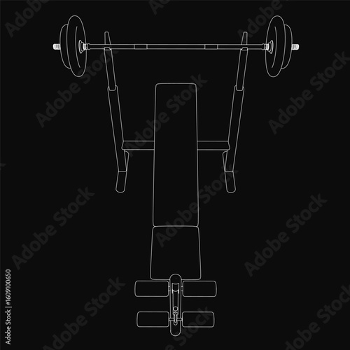 A black and white contour drawing of a bench press with a barbell, isolated on a dark background. The detailed sketch highlights the equipment's structure.