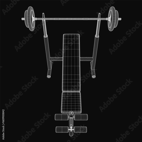 A 3D wireframe model of a bench press with a barbell and weight plate, set against a black background. The sturdy frame features a flat surface and the barbell is mounted on the backrest.