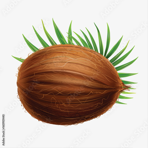 Realistic coconut with palm fronds