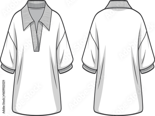 Loose-fit shirt, wide collar, half sleeve, fashion sketch, front and back view, CAD drawing, garment illustration, flat vector, apparel design, technical fashion sketch,
