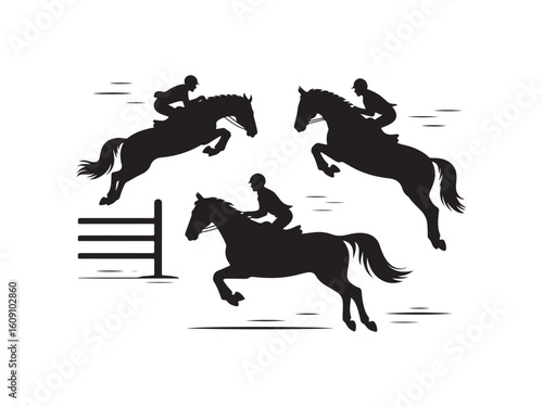 Equestrian show jumping silhouettes vector isolated on white background.