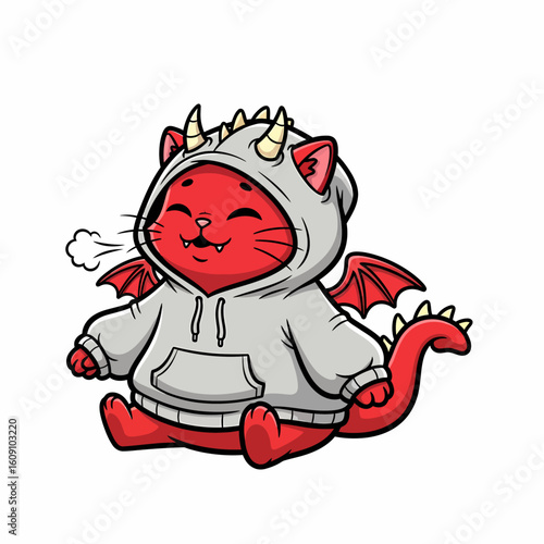 A cute red cat with dragon horns and wings sits happily while wearing a comfortable grey hoodie.