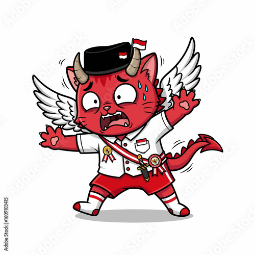 A red cartoon cat devil with wings looks terrified while wearing an Indonesian flag raiser uniform.