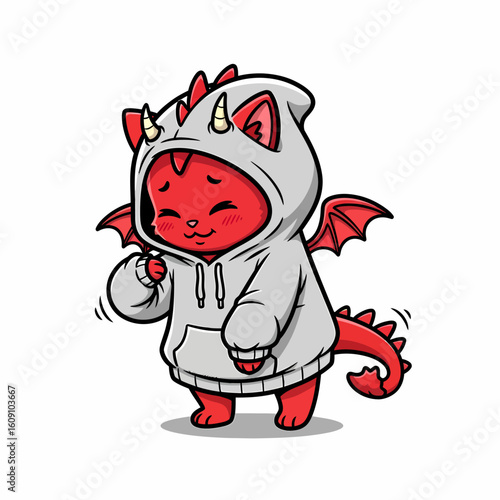 A cute red cartoon dragon with small wings and a tail, wearing a light grey hoodie with horns.