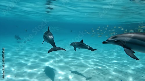 Dolphins swimming under ocean, a baby dolphin is swimming with family, Generative AI