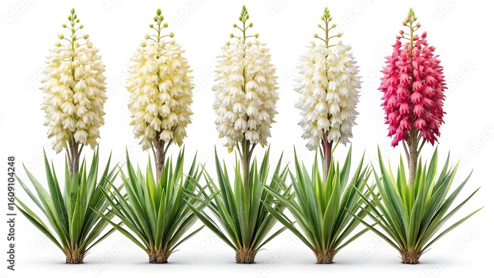 Fototapeta premium Five flowering Yucca plants with white and one red blossom on white background
