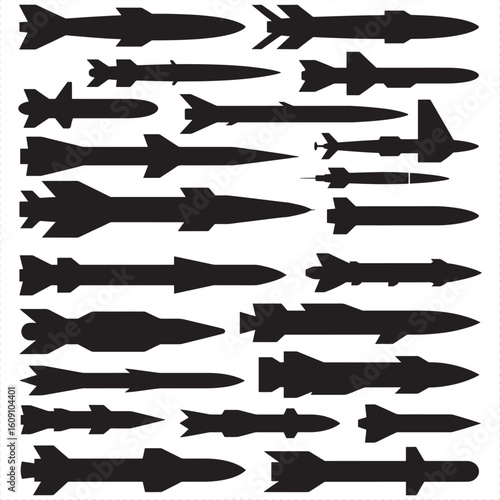 Collection of black missile and bomb silhouettes on white background rocket weapon