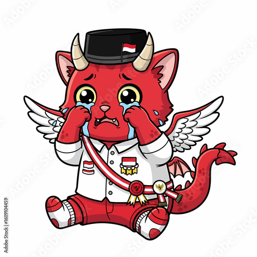 A crying dragon-cat character with wings, horns, and a sash, wearing a hat adorned with the Indonesian flag, symbolizing distress or sadness.