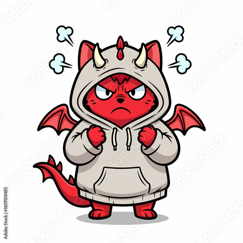 An angry red cartoon cat wearing a dragon costume with horns and wings, clenching its fists in frustration.