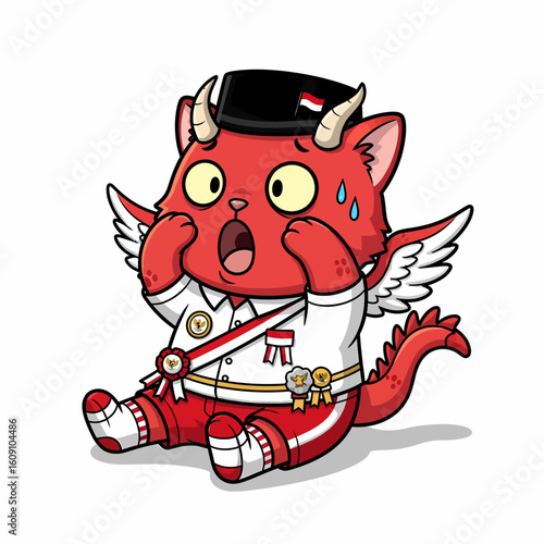 An adorable red cartoon character with horns and wings, dressed in an Indonesian-themed uniform, appears startled.