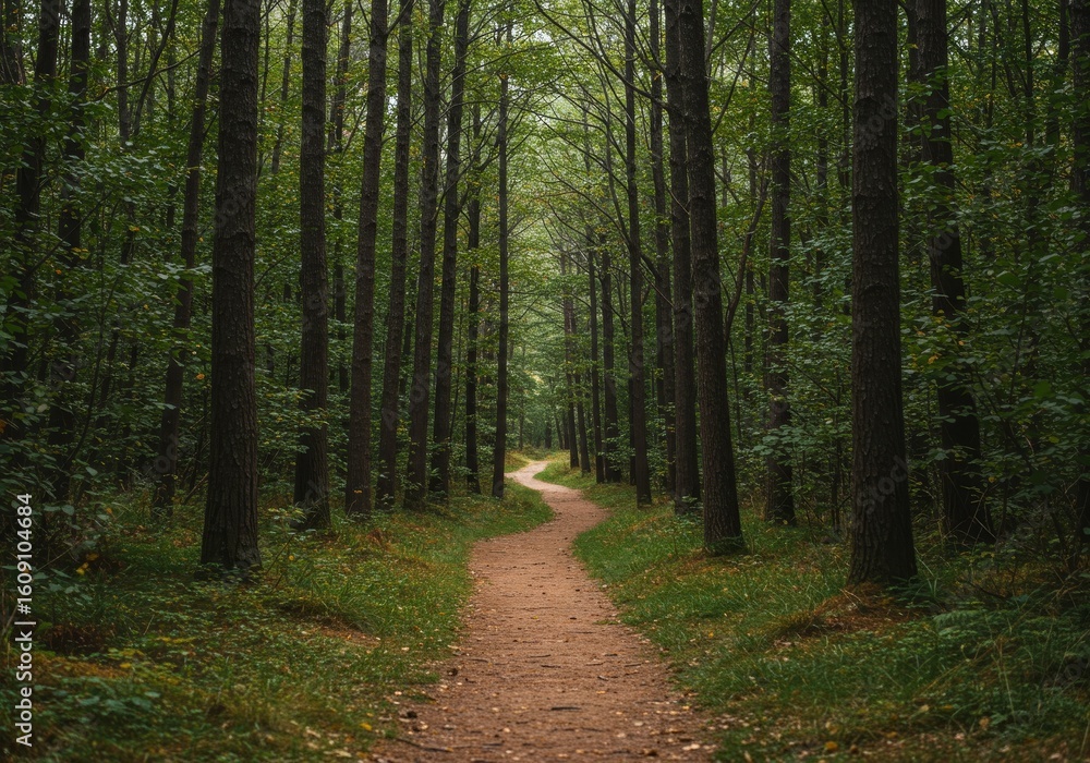 Fototapeta premium Winding dirt path leads through a dense green forest.