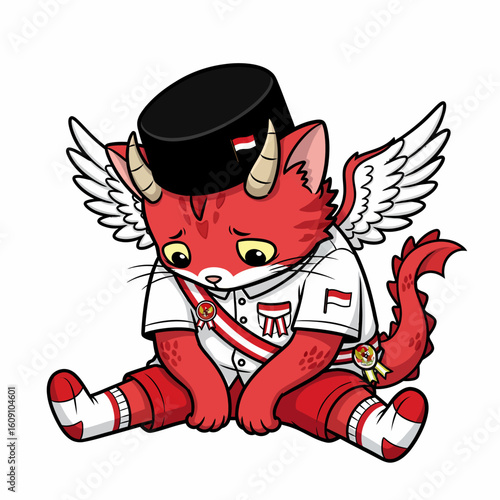 A sad, red, dragon-like creature with wings, wearing an Indonesian flag-themed uniform and hat, sitting with a dejected expression.
