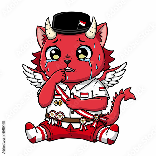 A cartoon depiction of a red, horned, winged cat-like creature wearing Indonesian Independence Day attire and crying, expressing sadness or disappointment.