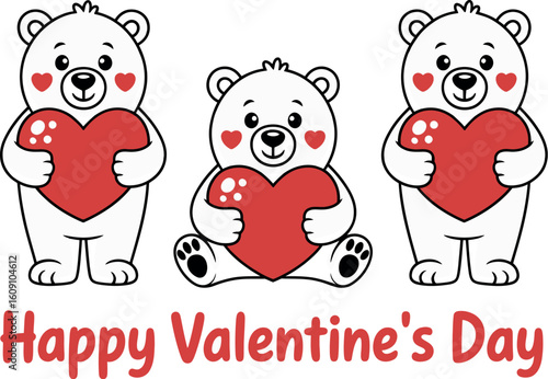 Three cartoon polar bears holding red hearts with happy valentine's day text on white background