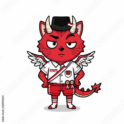 Red cartoon cat with wings and a hat, a grumpy expression, and dragon tail, dressed in a uniform.