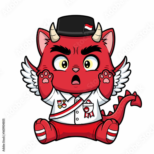 Cute red cartoon creature with horns, wings, and a tail, wearing a white uniform with an Indonesian flag hat, expressing surprise.